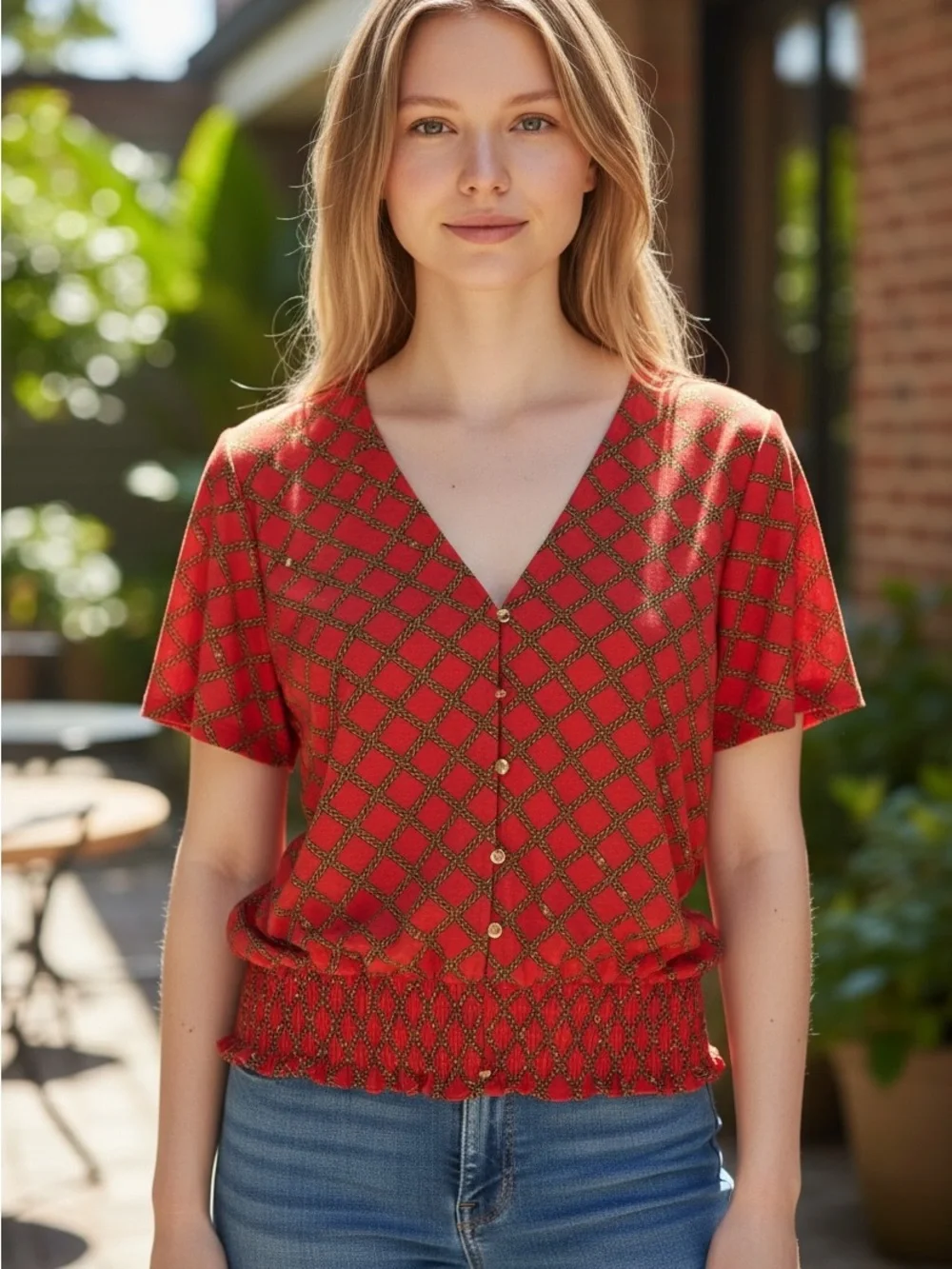 Michael Kors Red Diamond-Print V-Neck Button Top